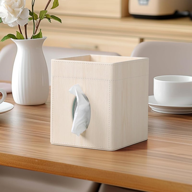 Cretkhp Tissue Box Cover, PU Leather Square Tissue Box Holder with Storage Tray for Bathroom Vanity Countertop Night Stands Bedroom Office Desk, Stylish Tissue Holder Decorative Organizer (White Oak) - Image 5